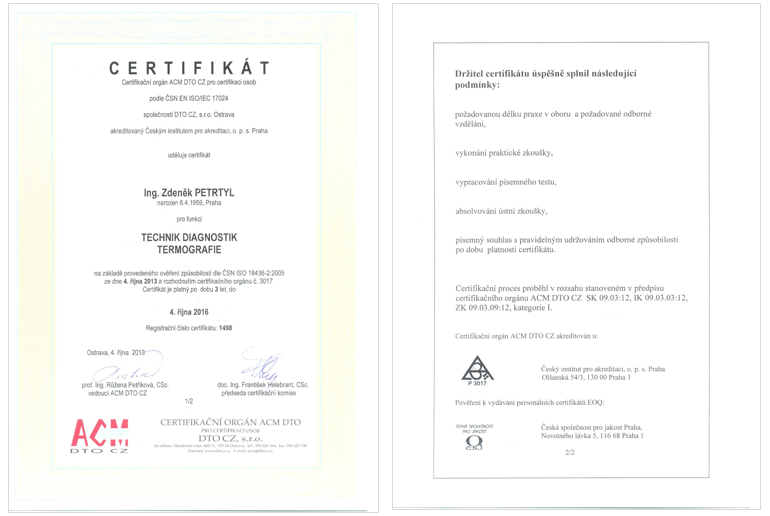 Měření termokamerou, termovize - certifikát ACM DTO CZ