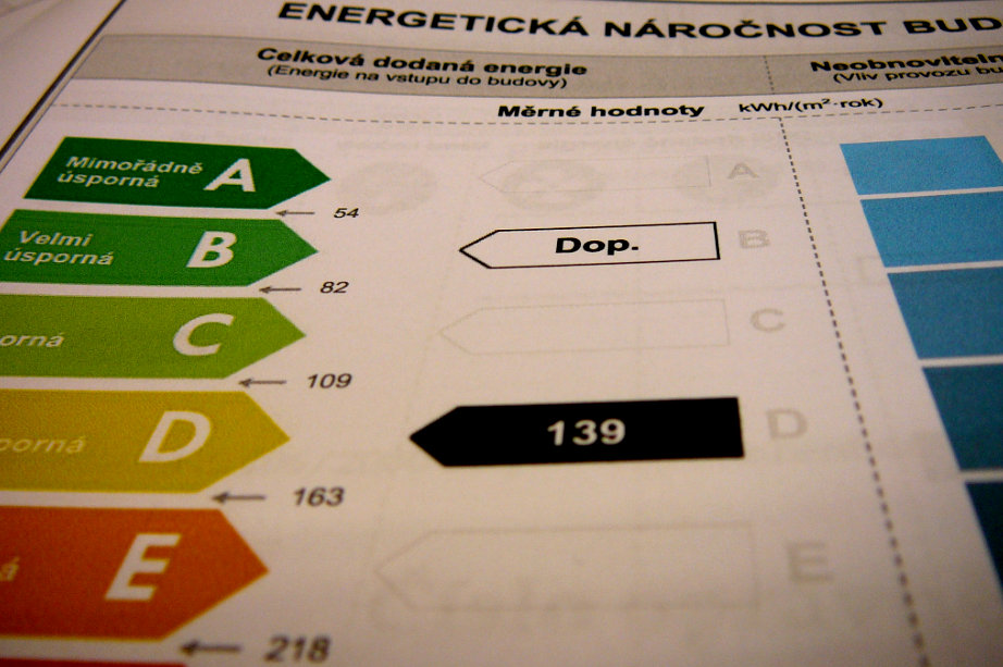 Grafická škála, která slouží pro přehlednou kategorizaci tříd energetické náročnosti. Pravděpodobně je to nejznámější část průkazu energetické náročnosti budovy.