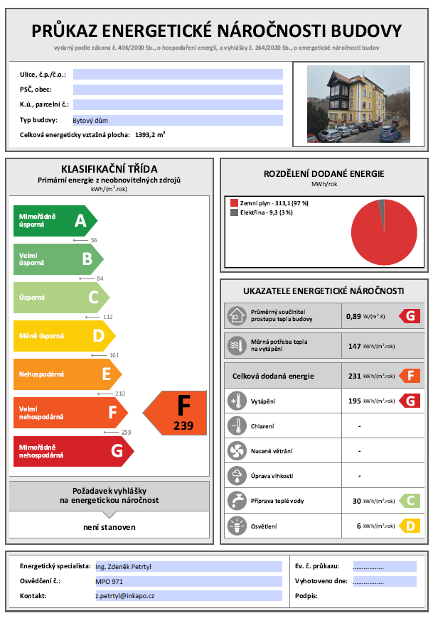 Standardizovaná podoba první strany průkazu energetické náročnosti budovy se zařazením do klasifikační třídy